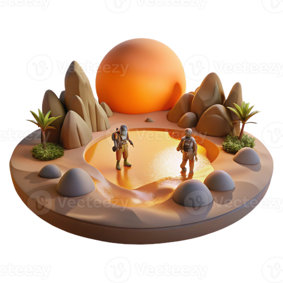 extraordinary creative A group of explorers discovering a hidden oasis on a barren desert planet, illuminated by the warm glow of a twin sunset. Golden hour lighting, realistic style original png