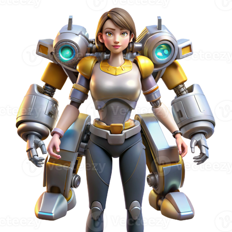 extraordinary traditional A young woman with cybernetic arms piloting a giant mecha robot through a dense jungle. Action lighting, anime style 4K png