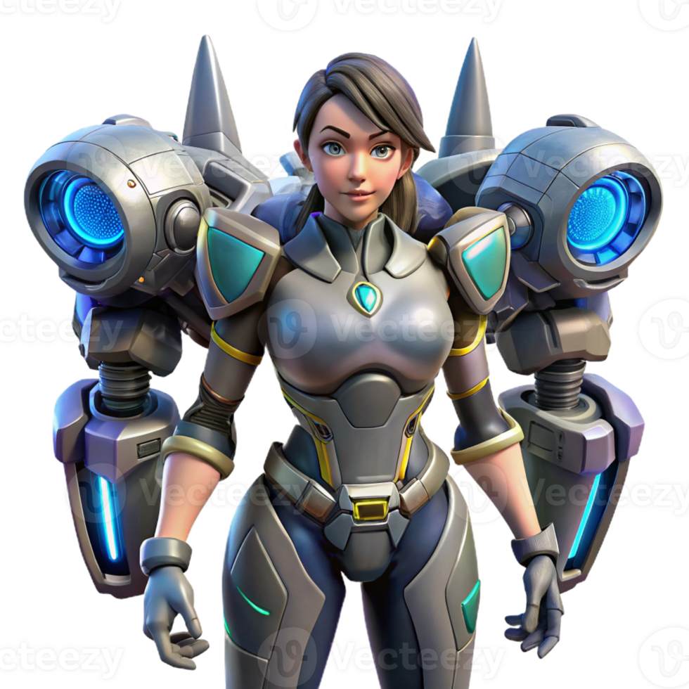 serene artistic A young woman with cybernetic arms piloting a giant mecha robot through a dense jungle. Action lighting, anime style premium png