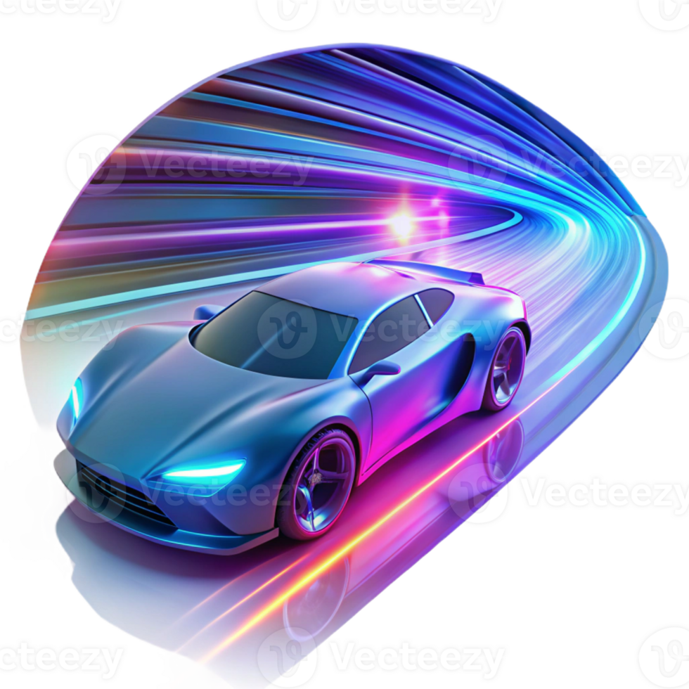 vibrant contemporary A futuristic racing car speeding through a tunnel of light, leaving trails of vibrant energy. Neon lighting, dynamic style high quality png