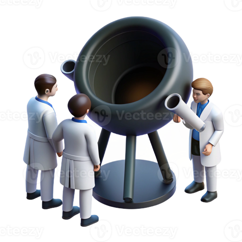 dramatic creative A group of scientists observing a black hole through a massive telescope, bathed in the dim light of the control room. Ambient lighting, realistic style premium png