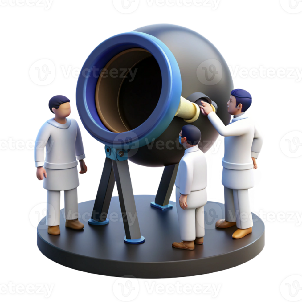 wonderful vintage A group of scientists observing a black hole through a massive telescope, bathed in the dim light of the control room. Ambient lighting, realistic style authentic png