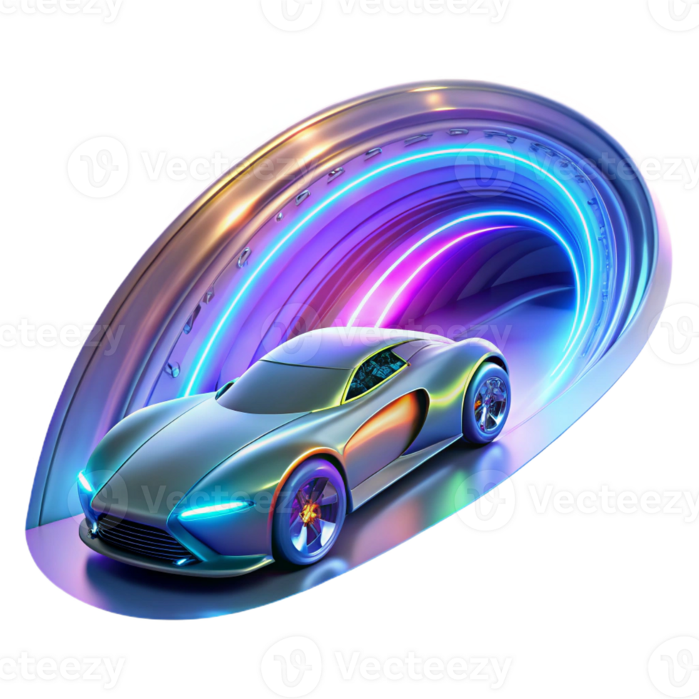 stunning traditional A futuristic racing car speeding through a tunnel of light, leaving trails of vibrant energy. Neon lighting, dynamic style professional png