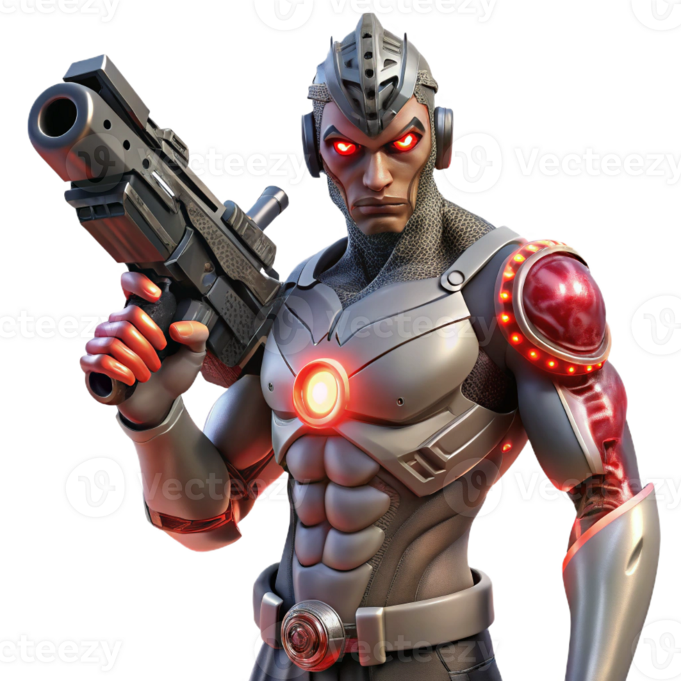 wonderful artistic A cyborg with intricate tribal tattoos and glowing red eyes, wielding a futuristic energy weapon. Dark lighting, cyberpunk style exclusive png