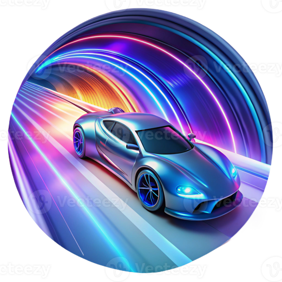 extraordinary rustic A futuristic racing car speeding through a tunnel of light, leaving trails of vibrant energy. Neon lighting, dynamic style genuine png