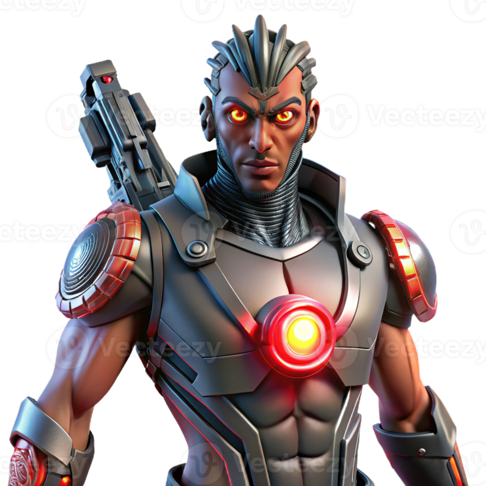 serene minimalist A cyborg with intricate tribal tattoos and glowing red eyes, wielding a futuristic energy weapon. Dark lighting, cyberpunk style genuine png