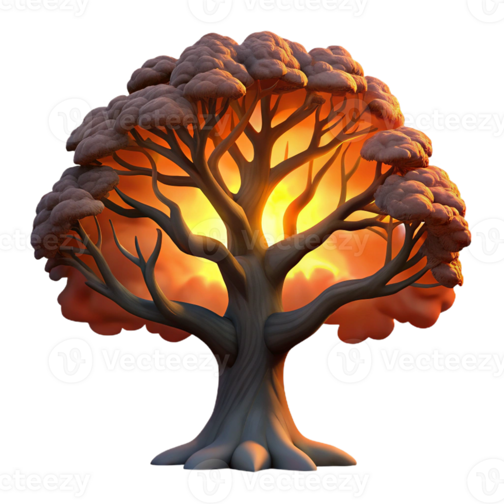 vibrant minimalist A gnarled oak tree silhouetted against a fiery sunset, dramatic lighting, painting style genuine png