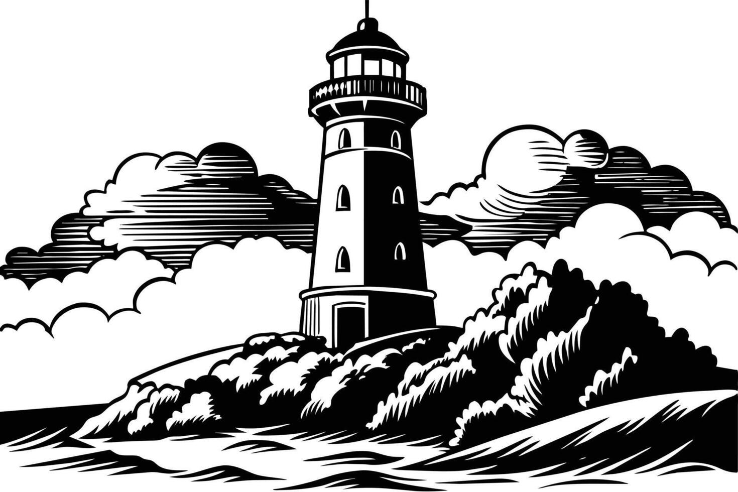 A vintage lighthouse illustration on a rocky coast. vector