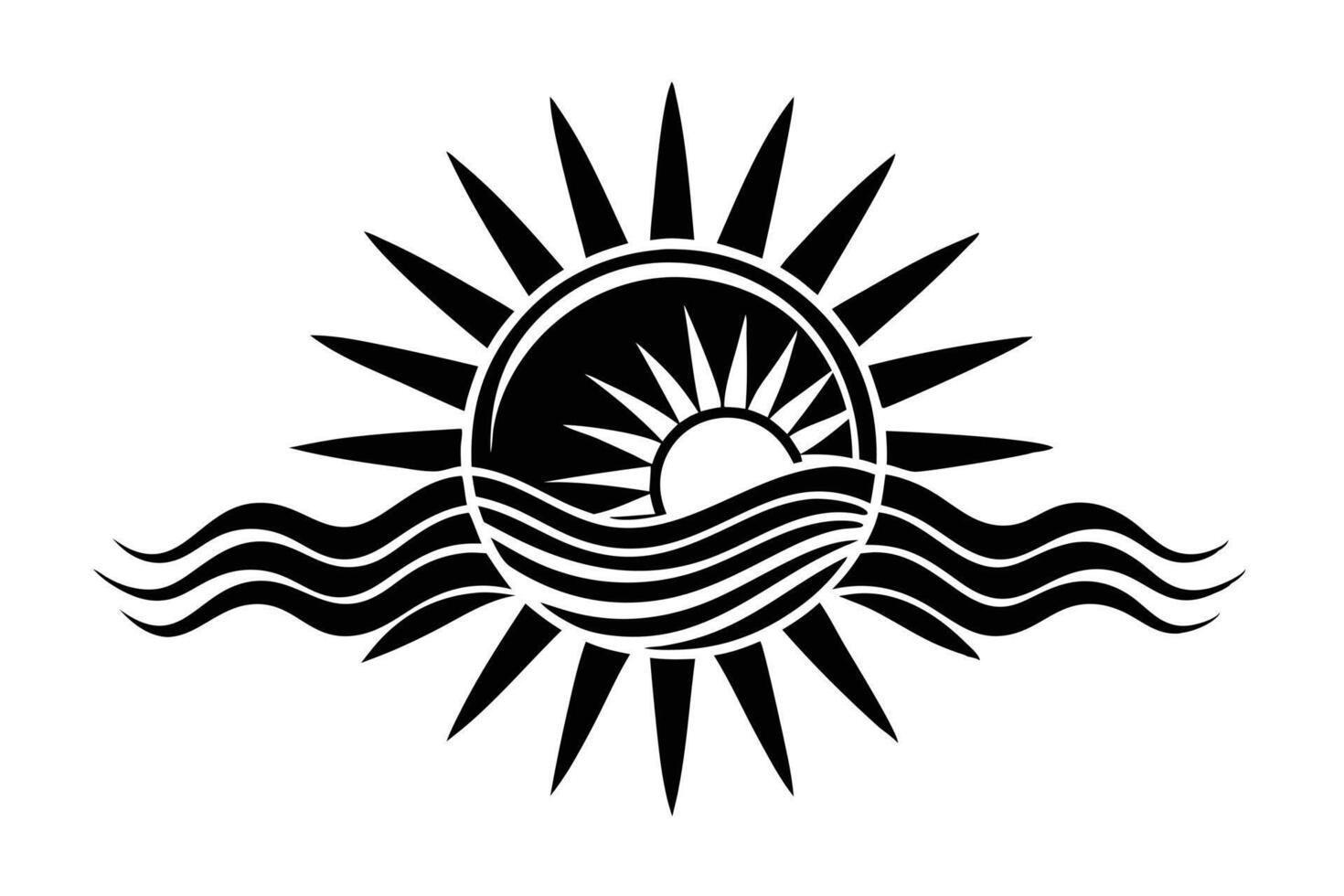 A stylish black and white sun and wave graphic design. vector