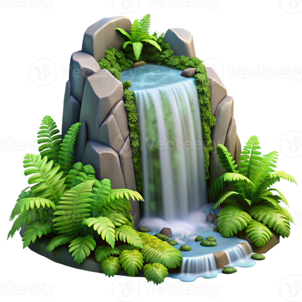 dramatic contemporary A cascading waterfall surrounded by lush green ferns, dappled sunlight, realistic style genuine png