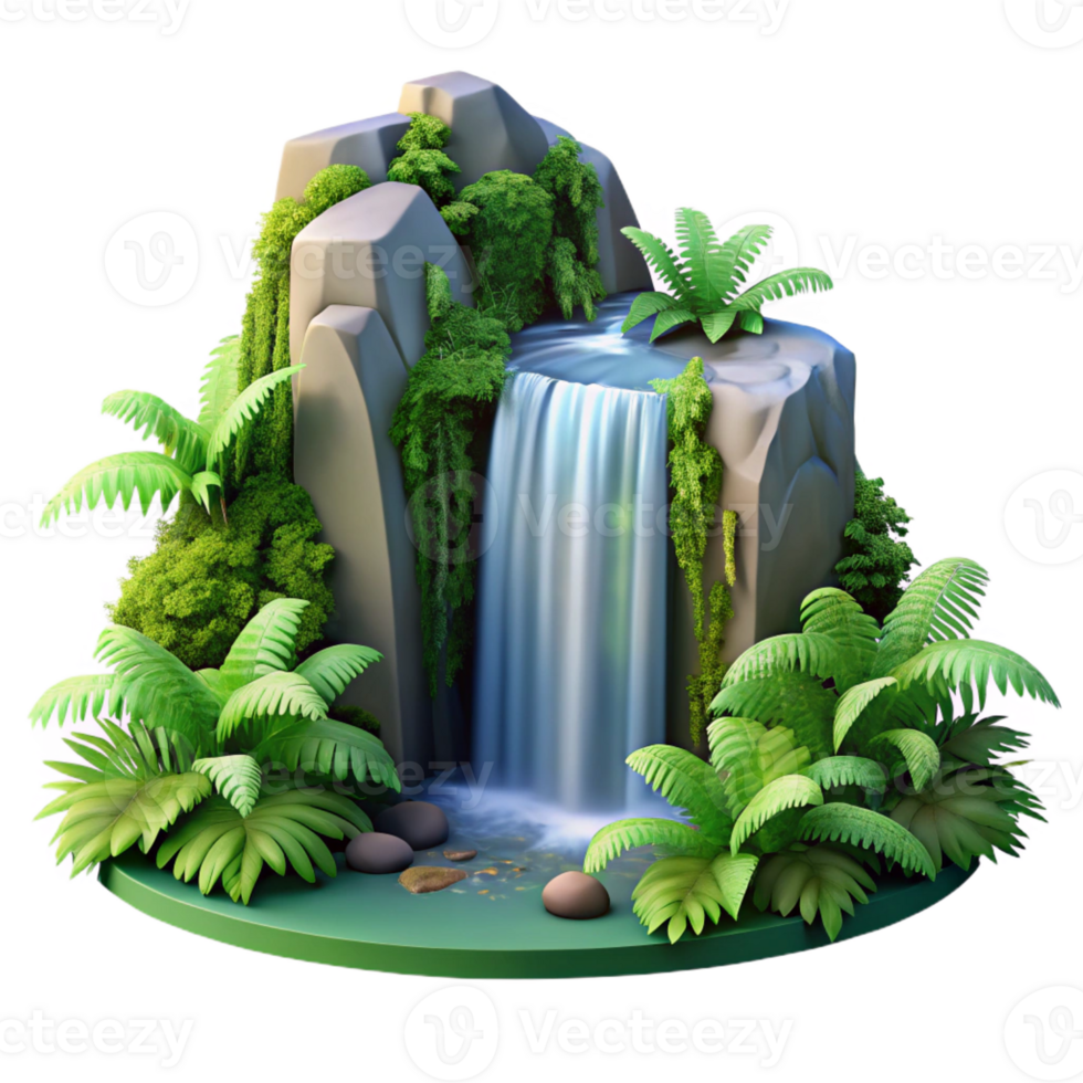 impressive abstract A cascading waterfall surrounded by lush green ferns, dappled sunlight, realistic style genuine png