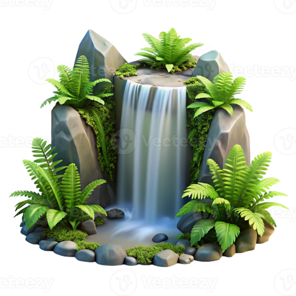 stunning minimalist A cascading waterfall surrounded by lush green ferns, dappled sunlight, realistic style authentic png