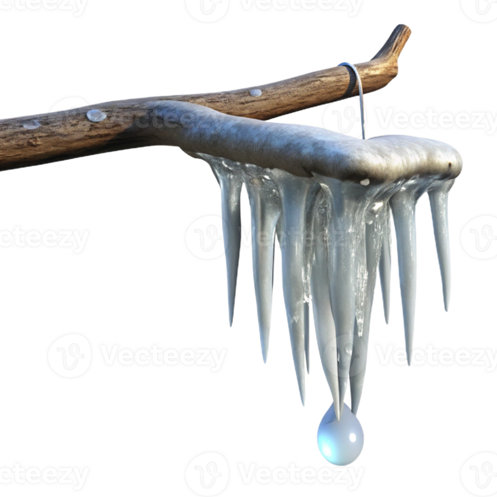 dramatic abstract An icicle hanging from a branch, glistening in the sunlight, wintery scene, photographic style 4K png