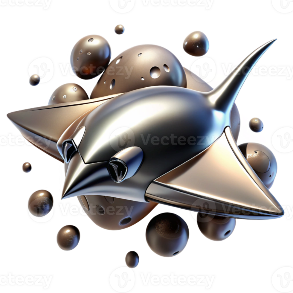 serene contemporary A sleek, chrome spaceship, shaped like a manta ray, glides through a field of asteroids. Dramatic, chiaroscuro lighting. Art Deco style genuine png