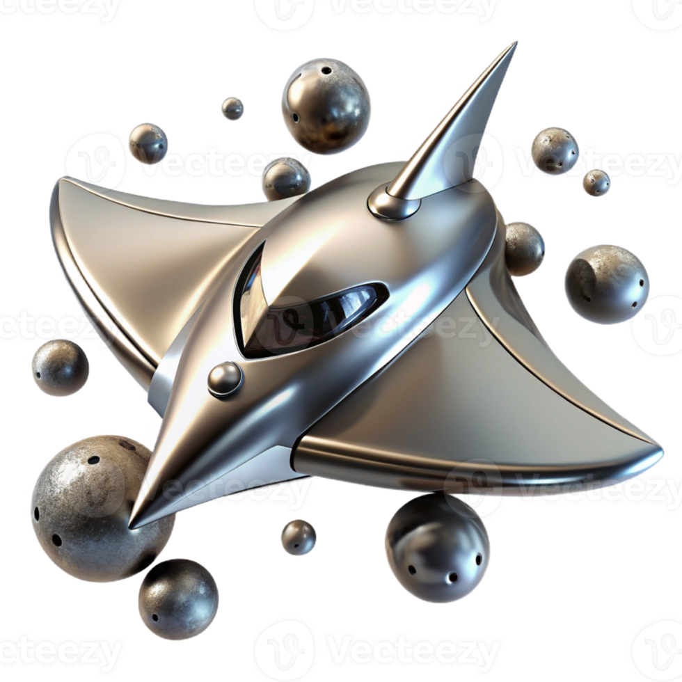 beautiful modern A sleek, chrome spaceship, shaped like a manta ray, glides through a field of asteroids. Dramatic, chiaroscuro lighting. Art Deco style premium png