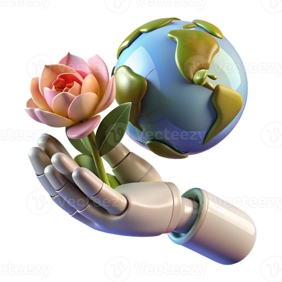 extraordinary rustic A robotic hand delicately holding a wilting Earth flower. Soft, diffused lighting. Photorealistic style high resolution png