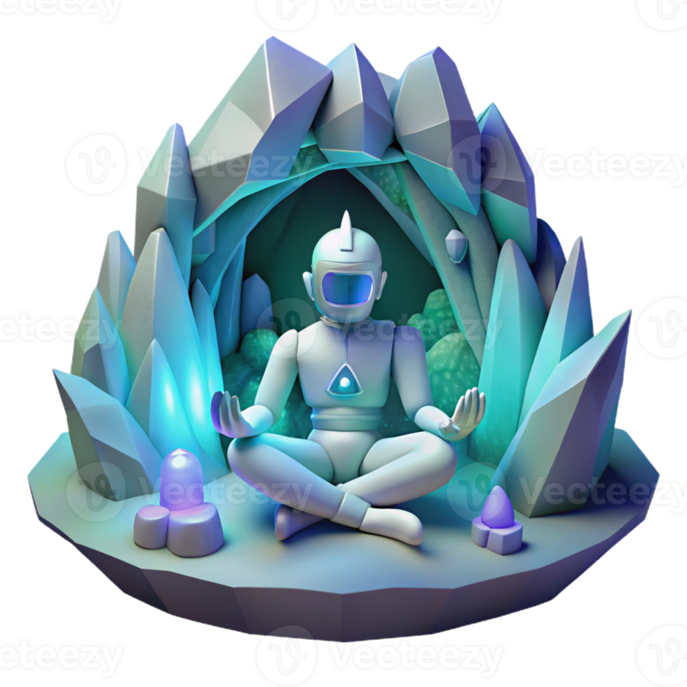 impressive minimalist A lone space explorer meditating inside a crystalline cave on an alien planet. Soft, ethereal lighting. Fantasy art style authentic png