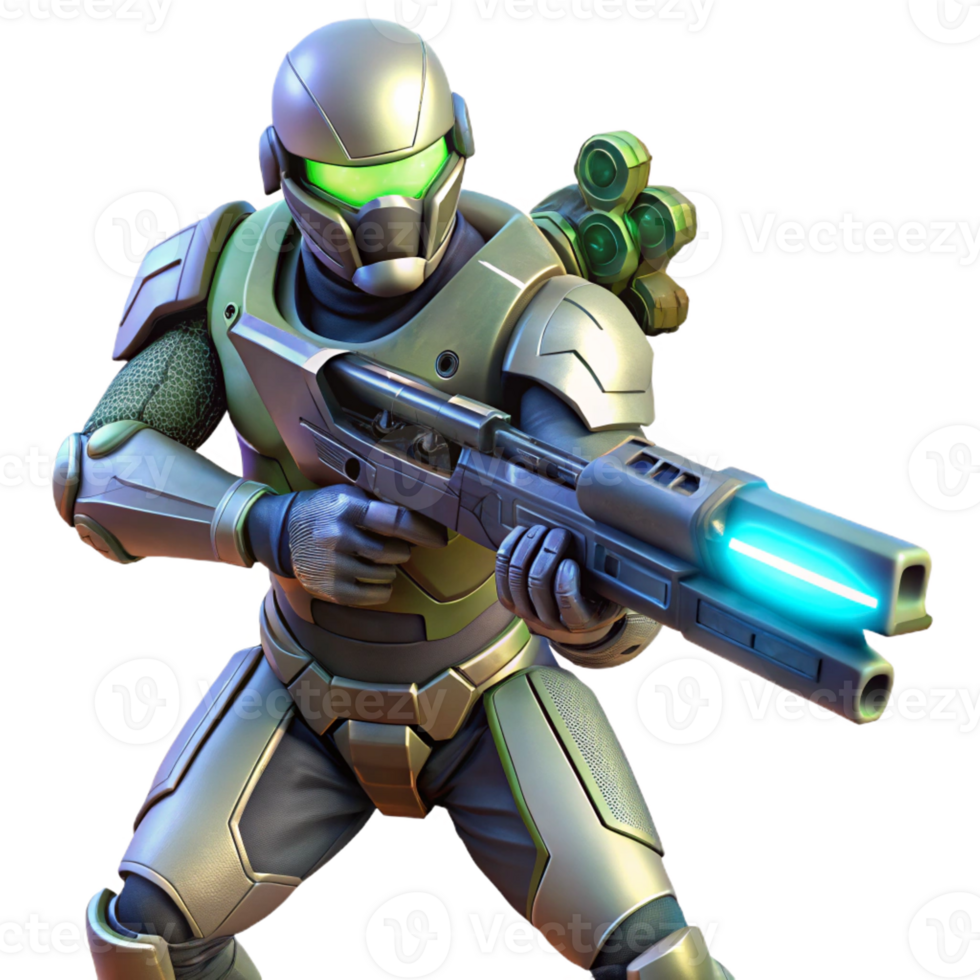 impressive vintage A futuristic soldier in powered armor wielding a plasma rifle. Dramatic, action lighting. Military sci-fi style high resolution png