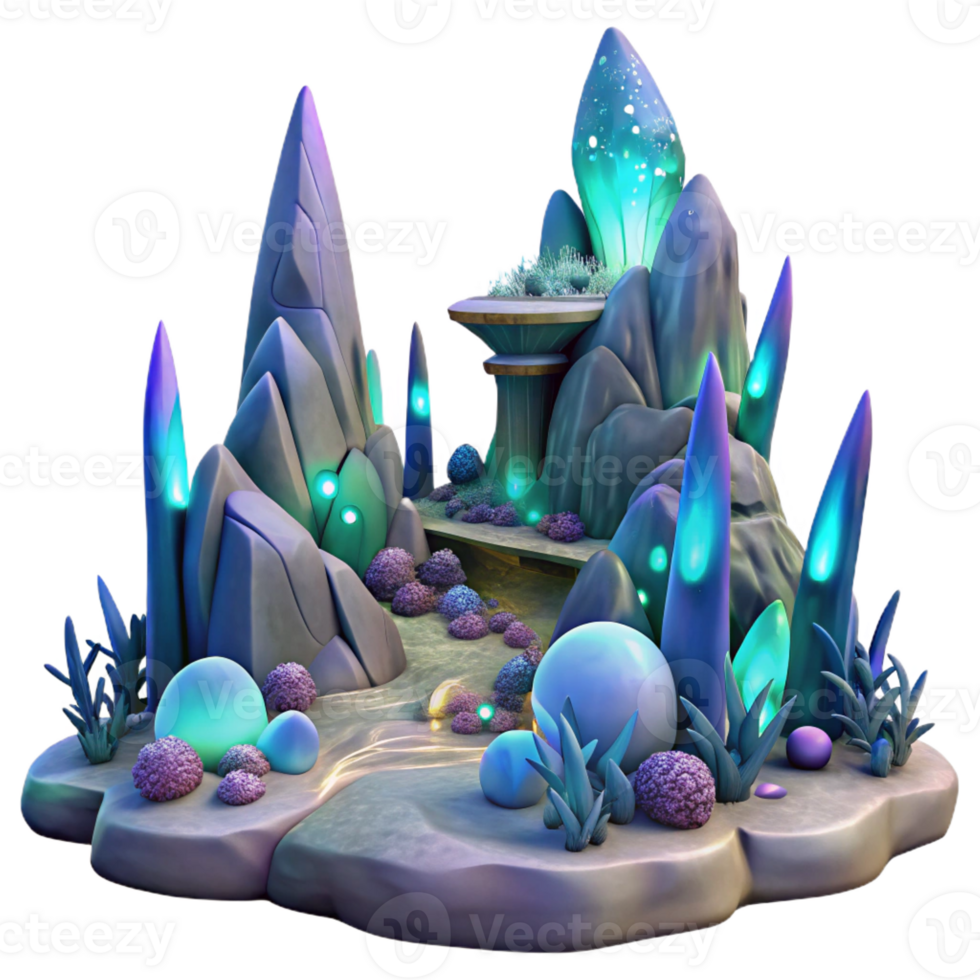 wonderful vintage An alien landscape with strange, bioluminescent flora and towering rock formations. Ethereal, alien lighting. Fantasy landscape style 4K png