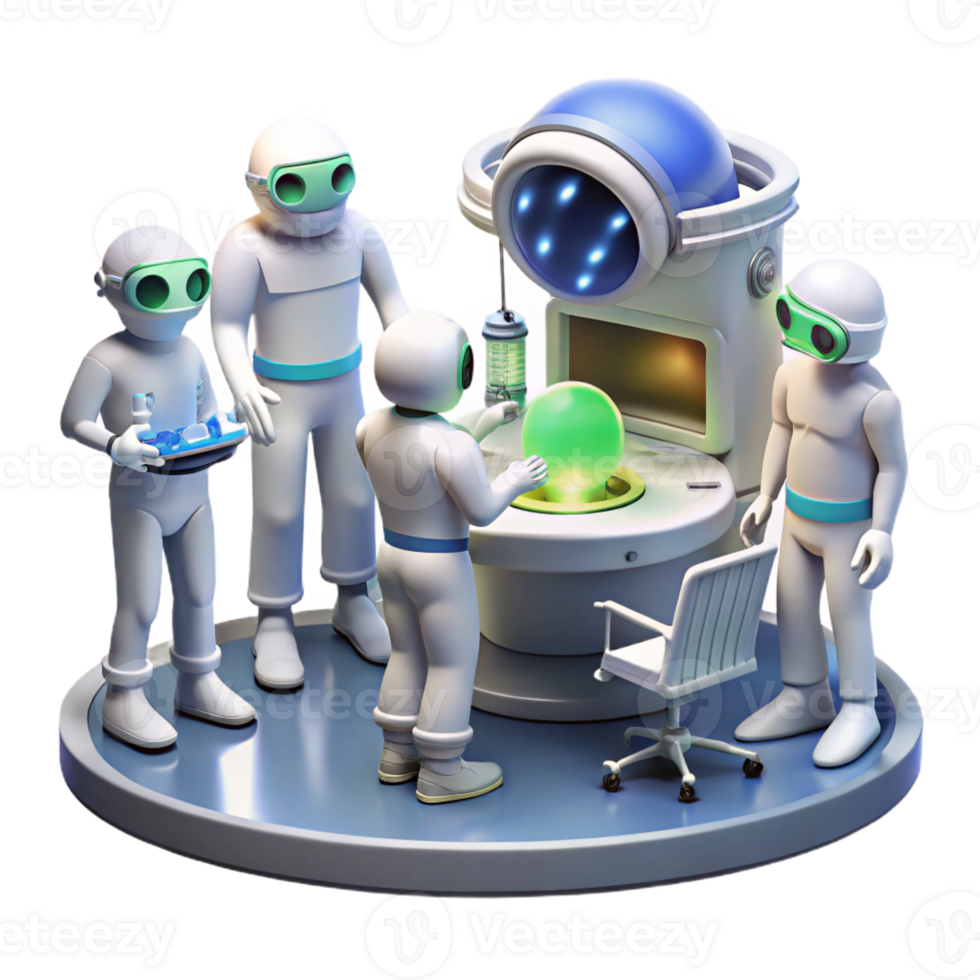 dramatic artistic A group of humans and aliens working together on a complex scientific project in a space station laboratory. Bright, sterile lighting. Technical illustration style high quality png