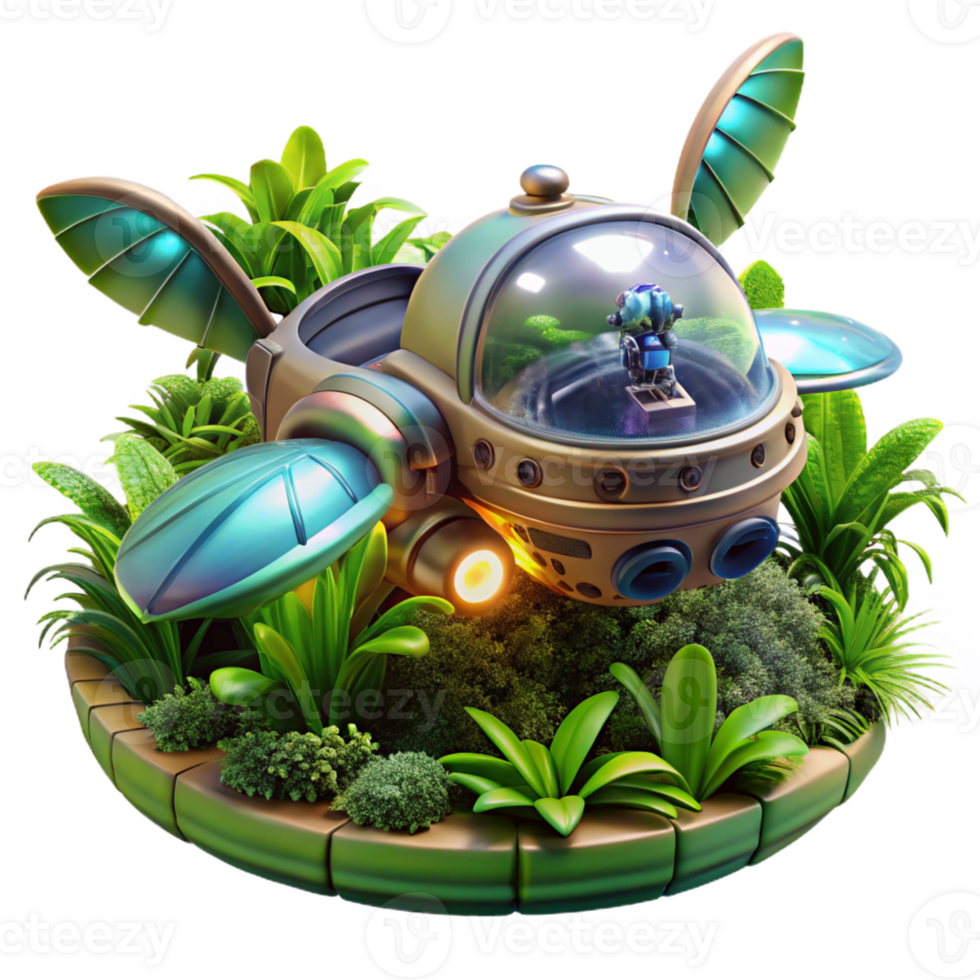 beautiful abstract A futuristic vehicle resembling a dragonfly hovering above a lush, alien jungle. Vibrant, natural lighting. Steampunk style high quality png