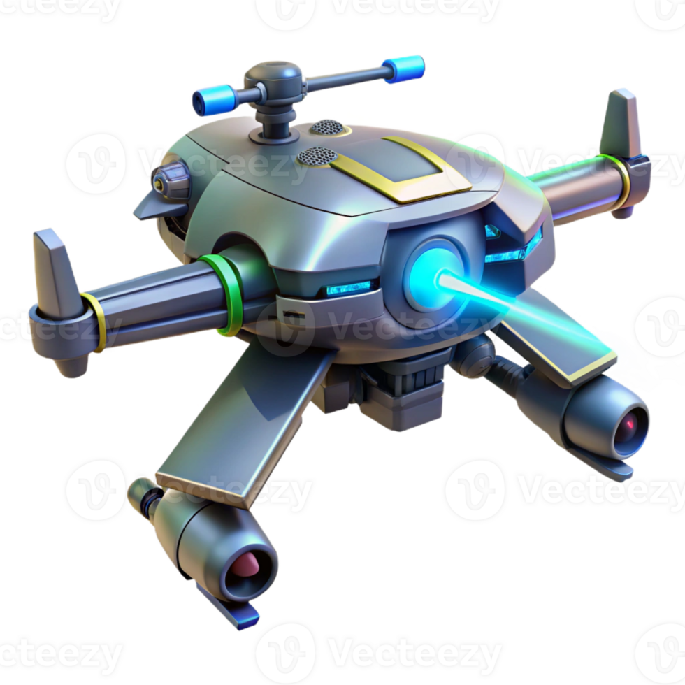 extraordinary creative A futuristic weaponized drone firing a laser beam. Intense, combat lighting. Military technology style original png