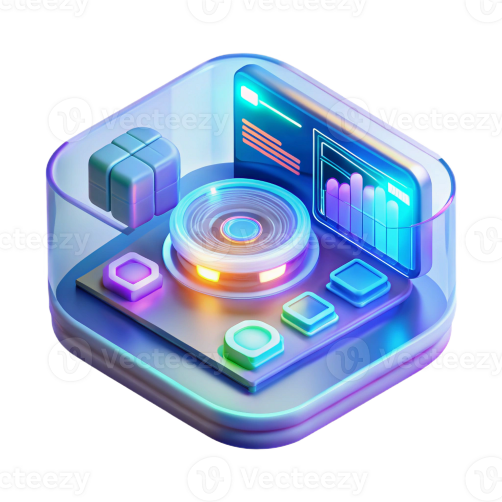 serene creative A holographic interface displaying complex data and schematics. Bright, digital lighting. User interface design style original png