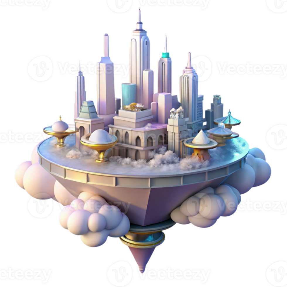dramatic artistic A futuristic city built on floating platforms in the clouds. Dreamlike, ethereal lighting. Fantasy city style exclusive png