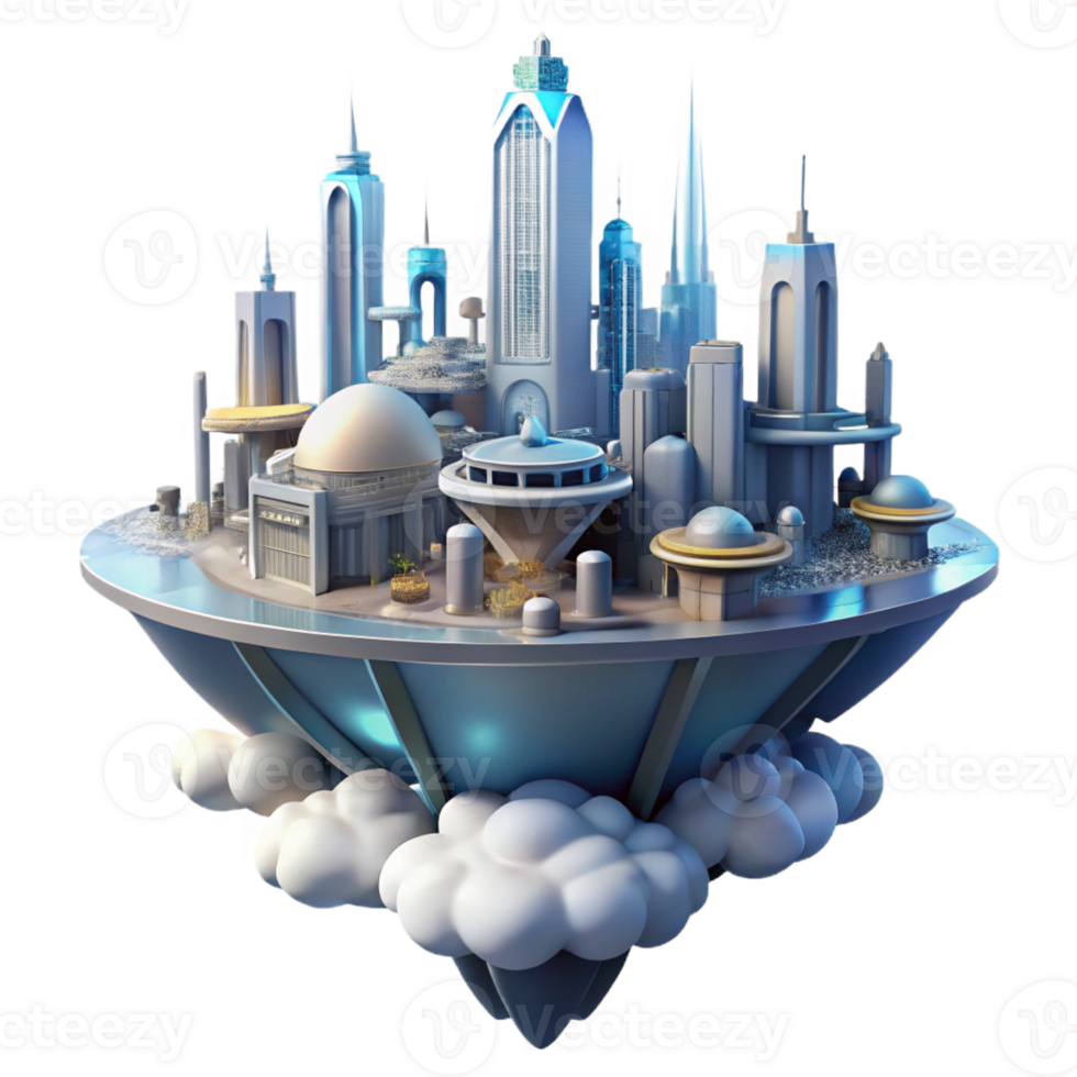 impressive classic A futuristic city built on floating platforms in the clouds. Dreamlike, ethereal lighting. Fantasy city style high resolution png