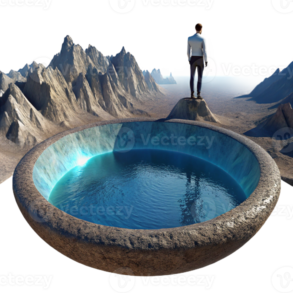 beautiful rustic A solitary figure standing on the edge of a crater overlooking a vast, alien ocean. Majestic, panoramic lighting. Landscape photography style authentic png