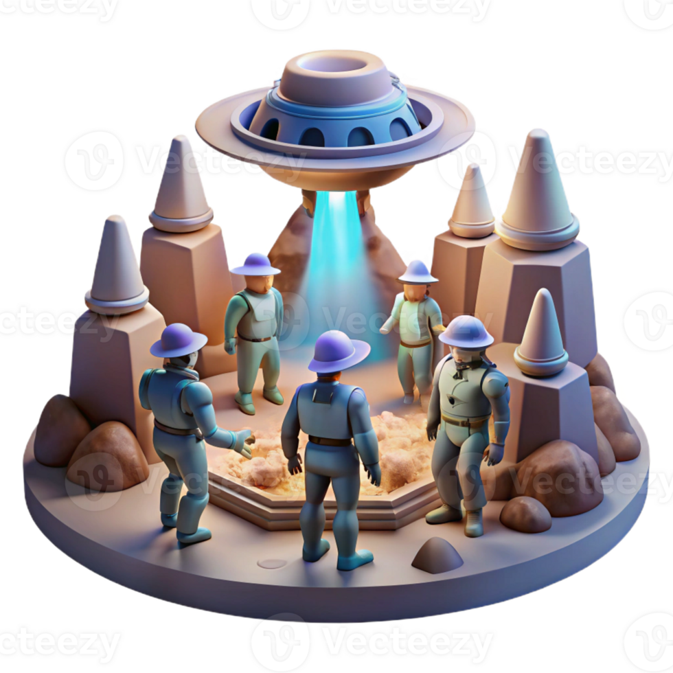 dramatic minimalist A group of explorers discovering a hidden temple on an alien planet. Mysterious, atmospheric lighting. Archaeological illustration style high resolution png