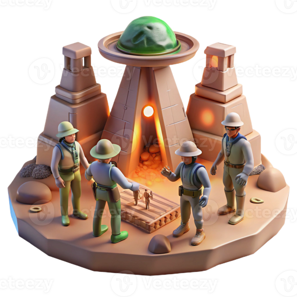 elegant contemporary A group of explorers discovering a hidden temple on an alien planet. Mysterious, atmospheric lighting. Archaeological illustration style exclusive png