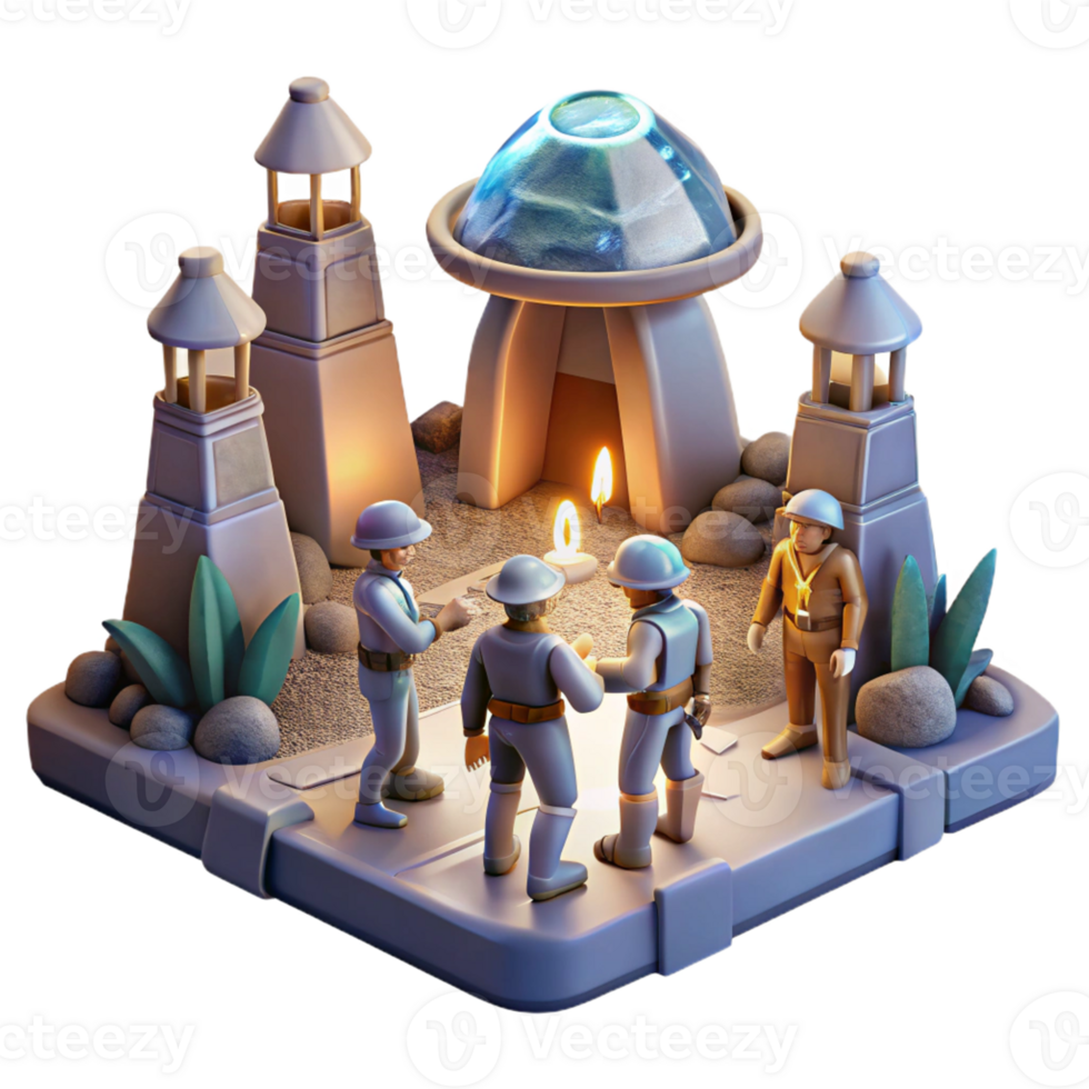 serene contemporary A group of explorers discovering a hidden temple on an alien planet. Mysterious, atmospheric lighting. Archaeological illustration style premium png