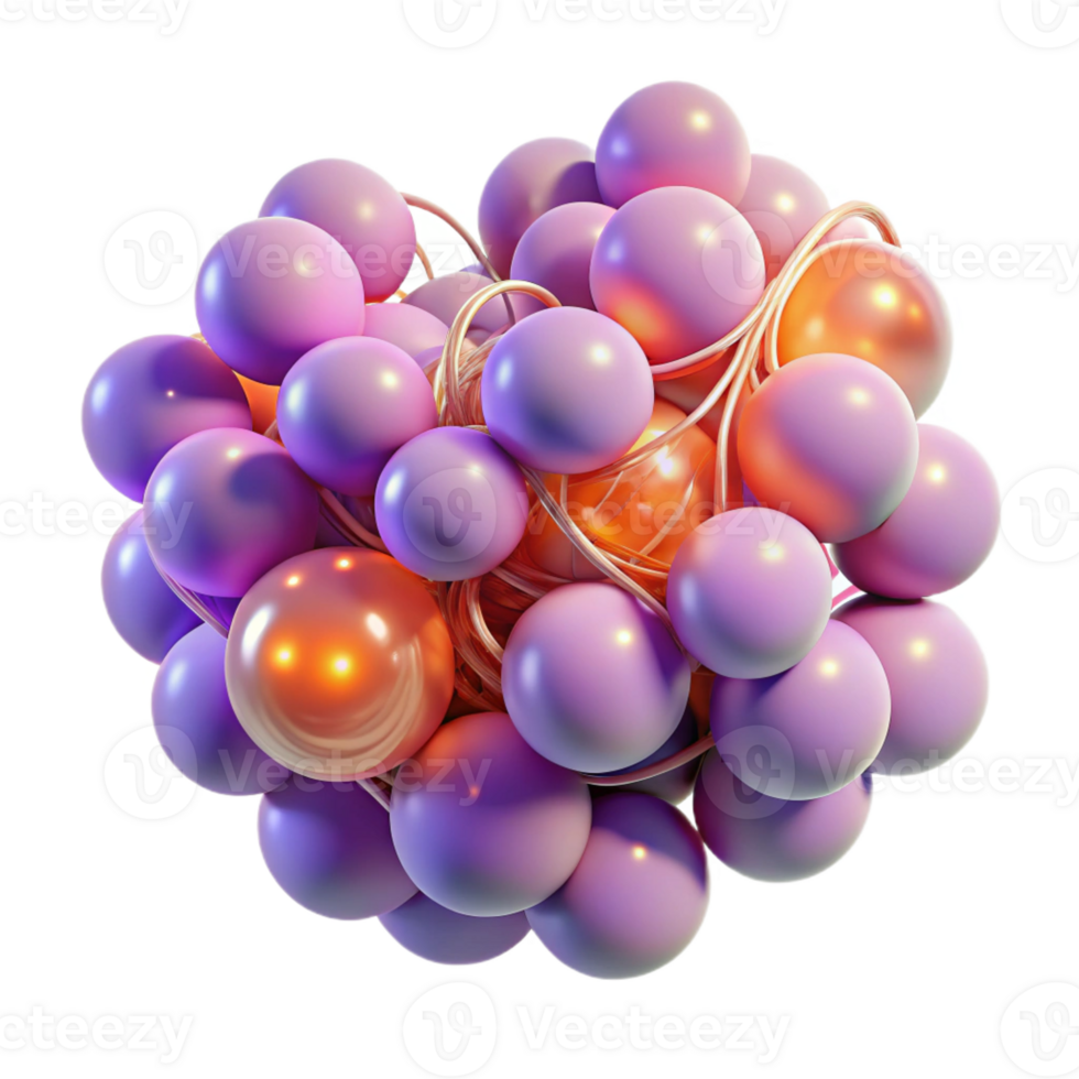 dramatic artistic A cluster of glowing lavender and coral spheres, interconnected by thin tendrils, soft diffused lighting, bioluminescent aesthetic professional png