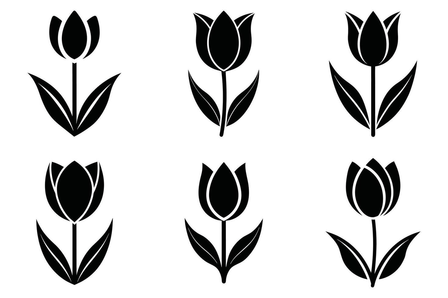 Six Simple Black Tulip Silhouettes on White Background vector