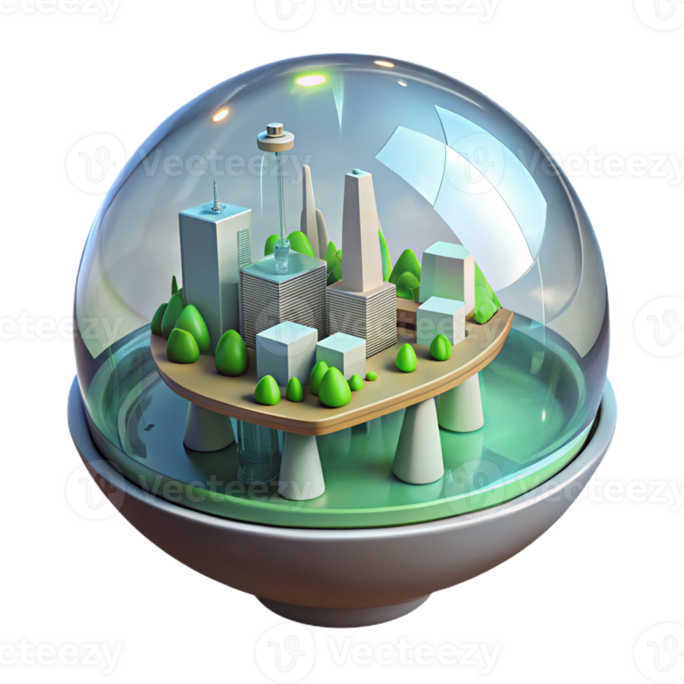 beautiful traditional A floating, transparent sphere containing a miniature city powered by renewable energy, soft ambient lighting, eco-futurism style genuine png