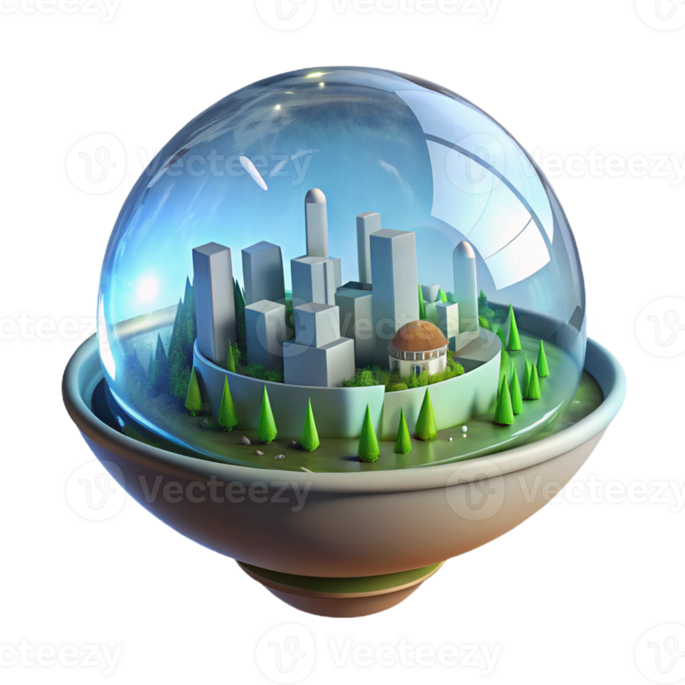 wonderful abstract A floating, transparent sphere containing a miniature city powered by renewable energy, soft ambient lighting, eco-futurism style 4K png