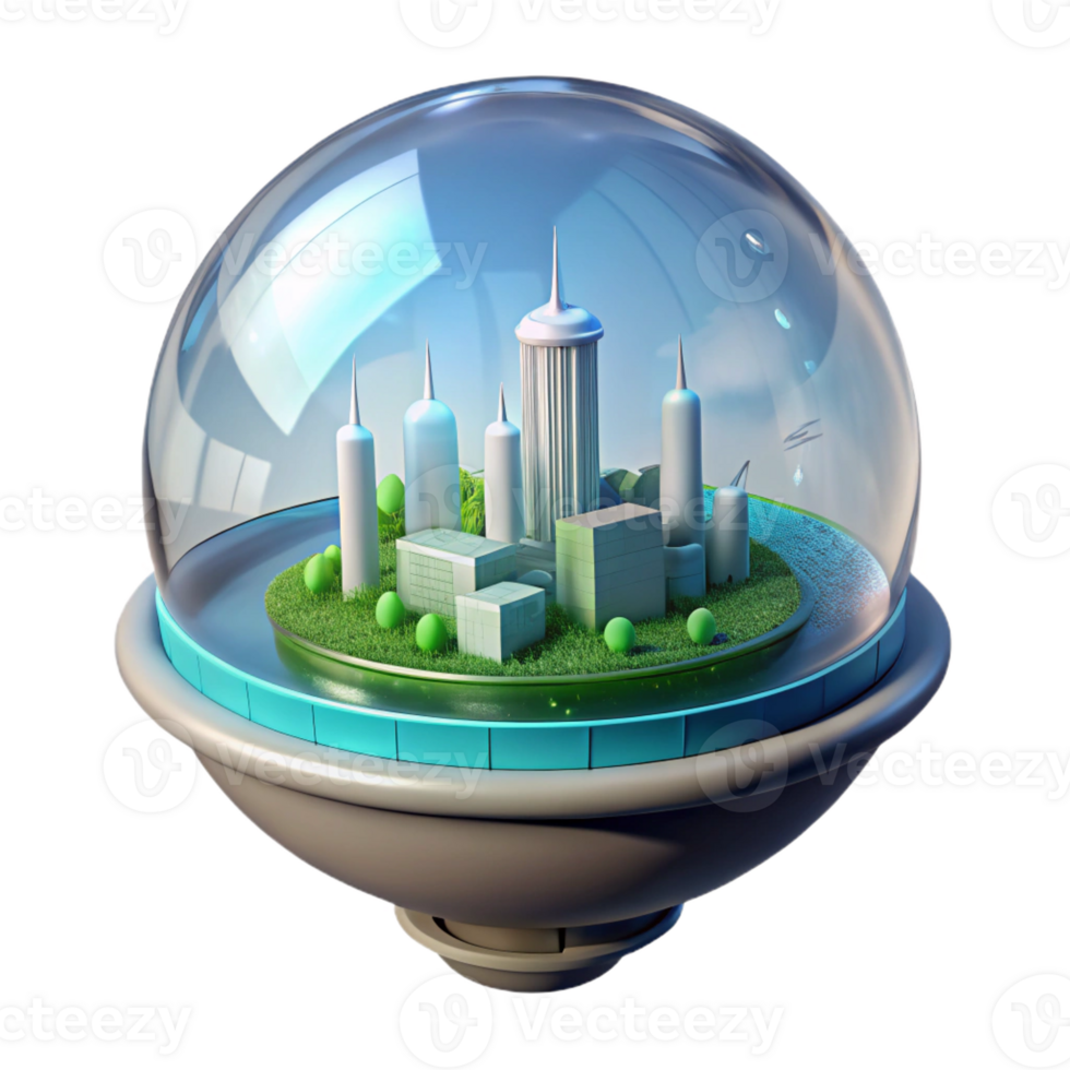 beautiful creative A floating, transparent sphere containing a miniature city powered by renewable energy, soft ambient lighting, eco-futurism style exclusive png