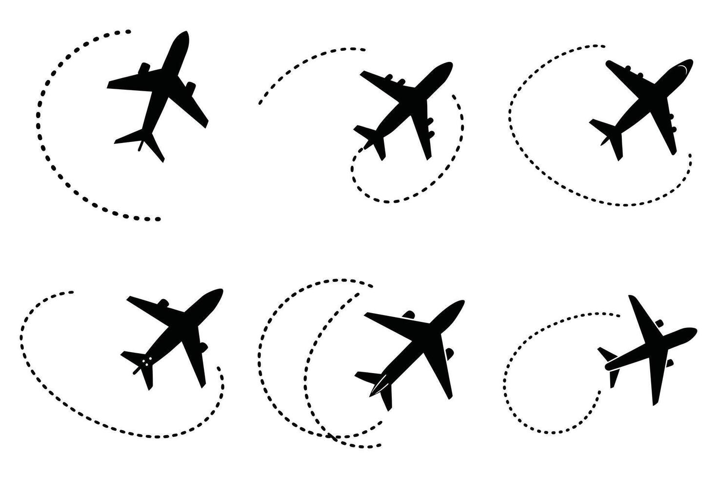 Six black silhouette airplane icons with flight paths vector
