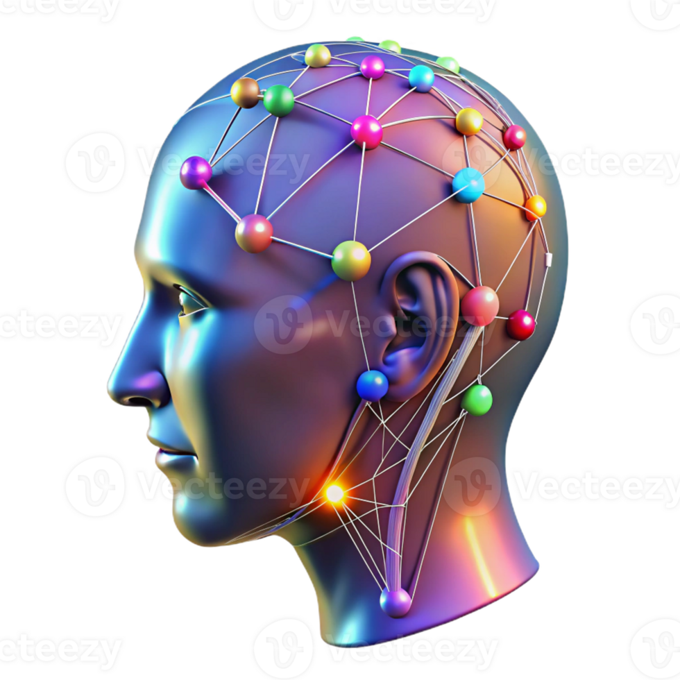 wonderful classic A transparent human head with a visible network of neural connections, illuminated by pulsating multicolored lights, connectomics style authentic png