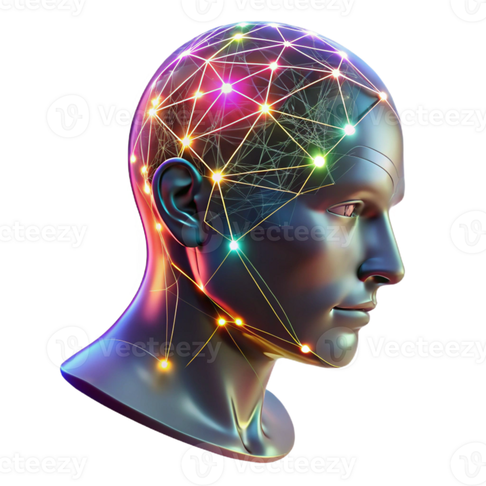 vibrant traditional A transparent human head with a visible network of neural connections, illuminated by pulsating multicolored lights, connectomics style professional png