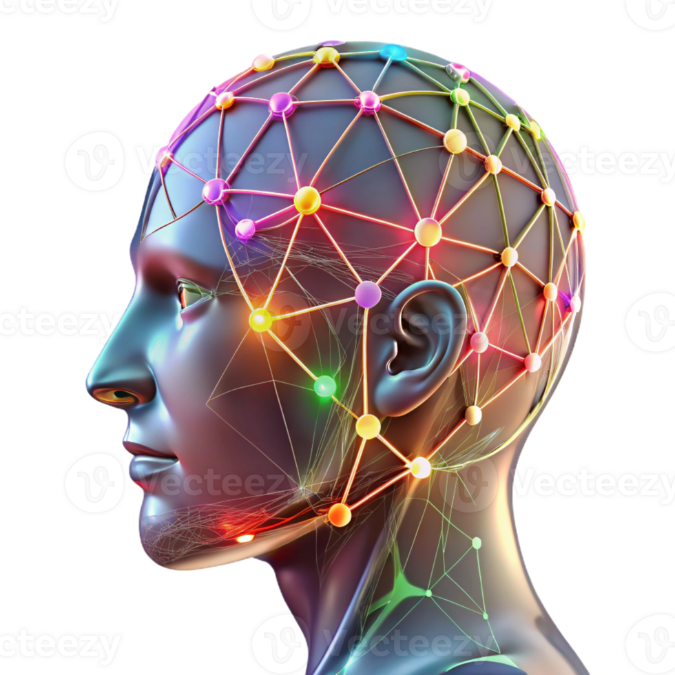elegant abstract A transparent human head with a visible network of neural connections, illuminated by pulsating multicolored lights, connectomics style authentic png