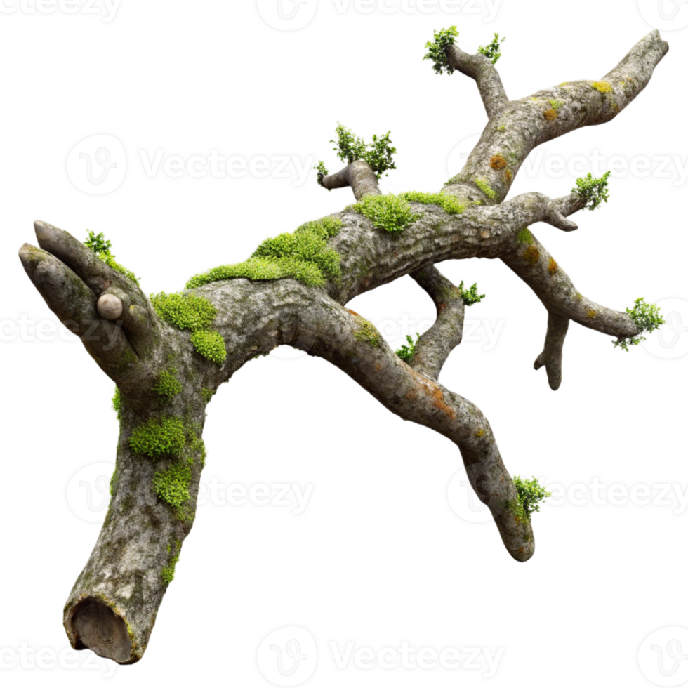 magnificent rustic A weathered, gnarled oak tree branch, covered in moss and lichen, dramatic chiaroscuro lighting, photorealistic style high resolution png