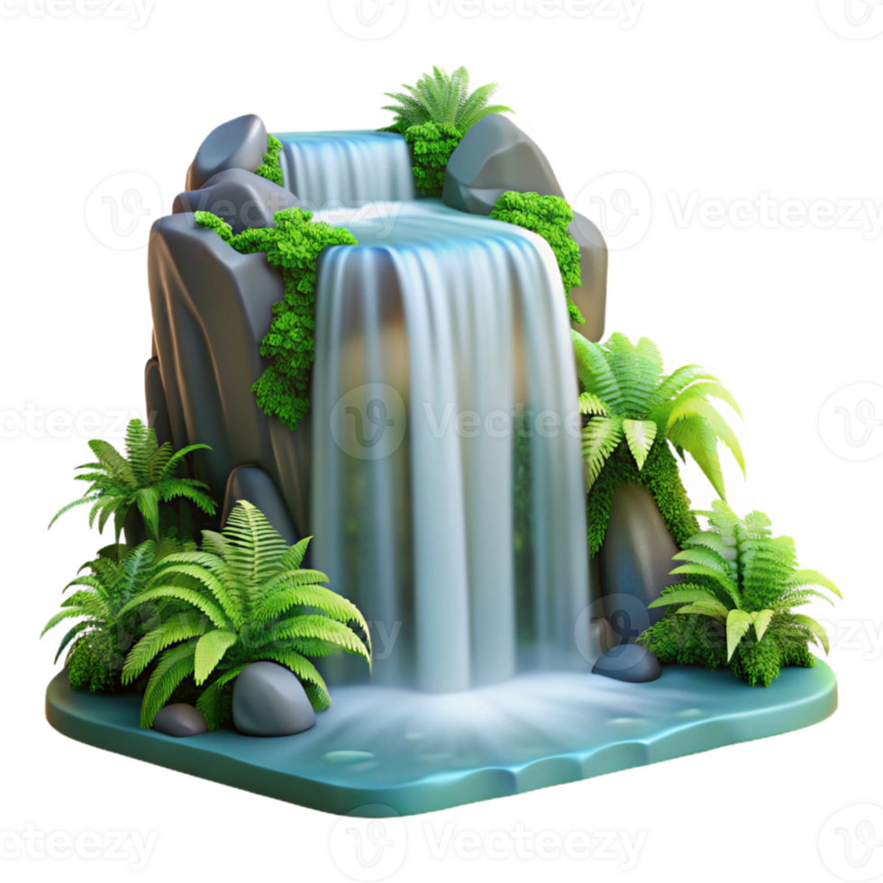 magnificent artistic A cascading waterfall, surrounded by lush green ferns, long exposure creating a silky smooth water effect, romantic style authentic png