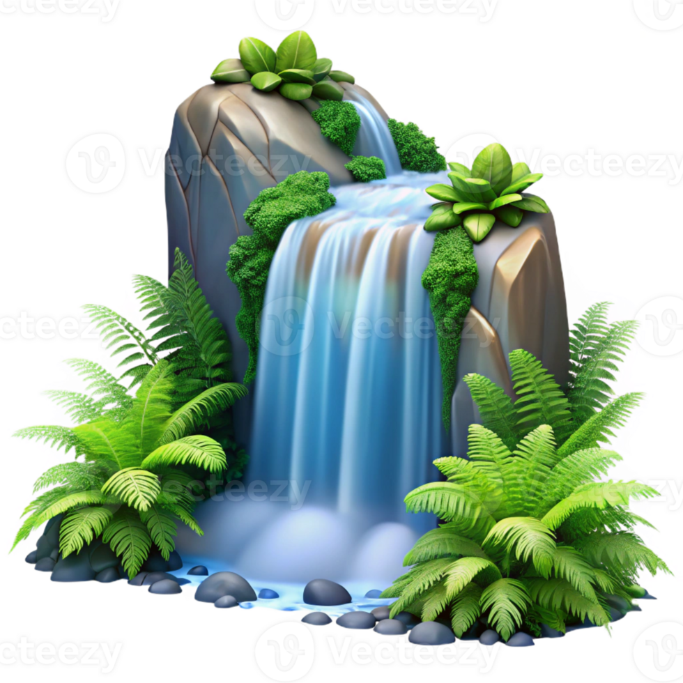 beautiful contemporary A cascading waterfall, surrounded by lush green ferns, long exposure creating a silky smooth water effect, romantic style professional png