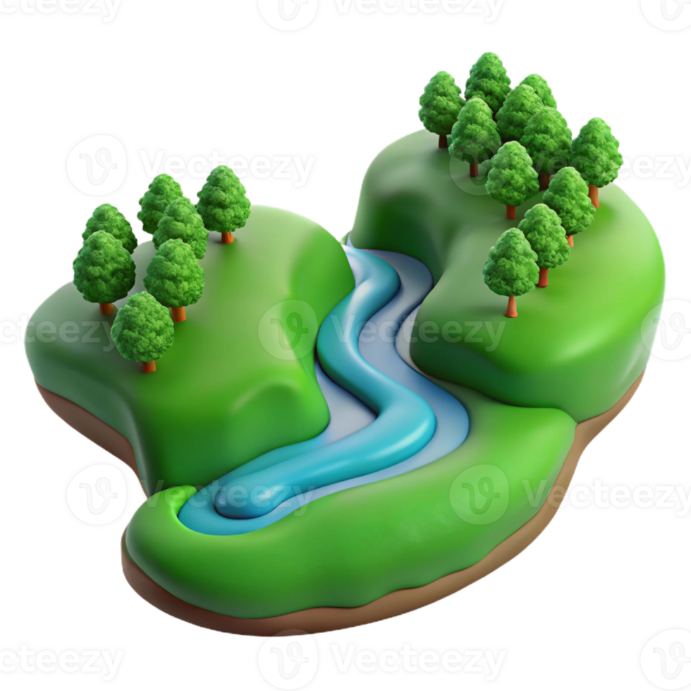 serene artistic A flowing river, seen from above, winding through a green landscape, aerial view professional png