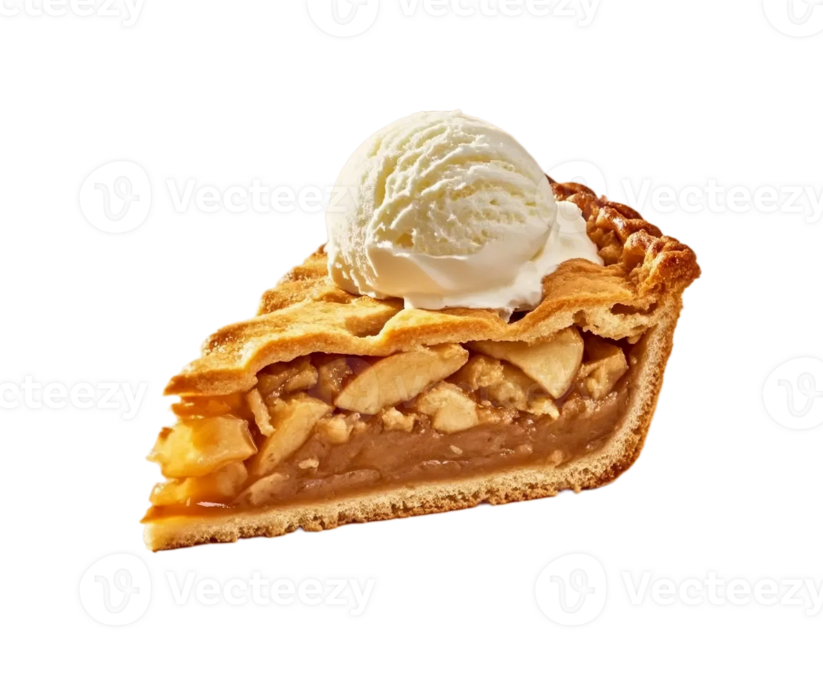 A slice of homemade apple pie with vanilla ice cream on transparent background. png