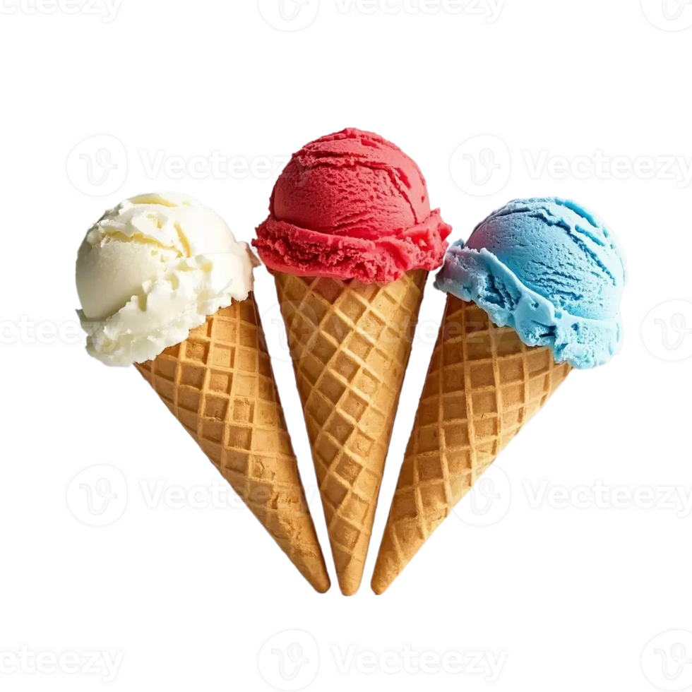 Set of ice cream in waffle cone isolated on transparent background. png