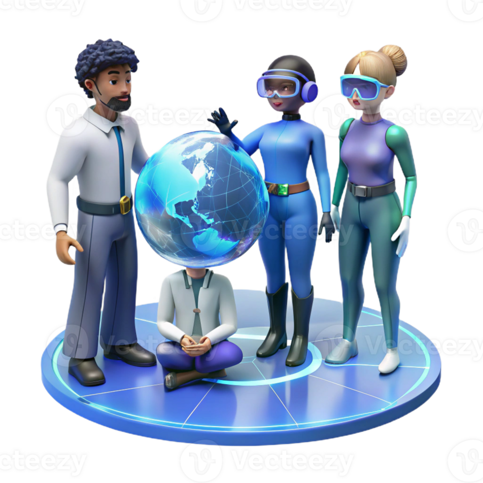 elegant modern A group of diverse people interacting with a holographic world map, futuristic attire, warm, inviting lighting, utopian style detailed png