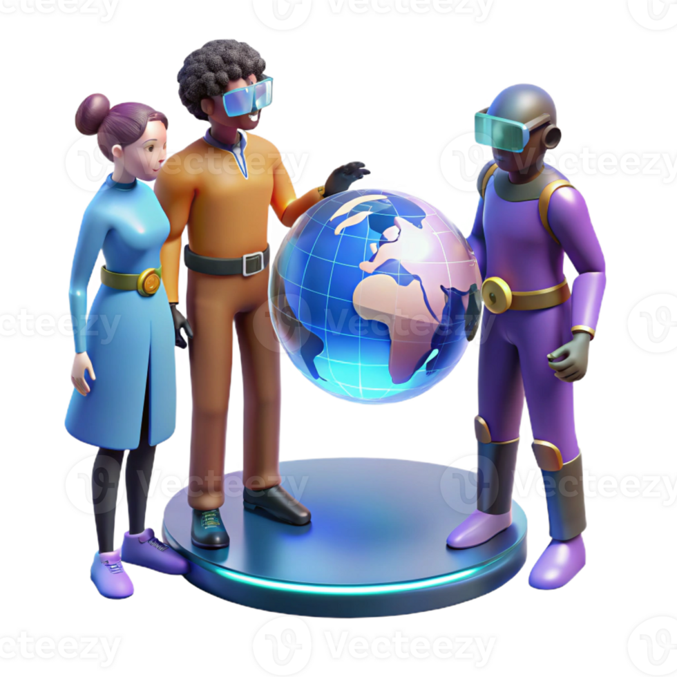 stunning abstract A group of diverse people interacting with a holographic world map, futuristic attire, warm, inviting lighting, utopian style high quality png